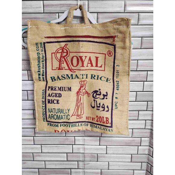 Vintage Style Royal Basmati Rice Burlap Bag, Side Zippered Tote Bags #A62 - Picture 3 of 8